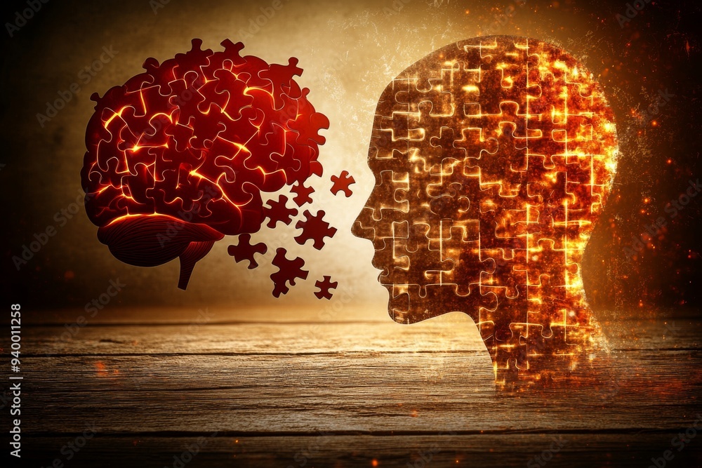 Aufkleber abstract illustration of two heads with red glowing brains and puzzle pieces symbolizing communicati