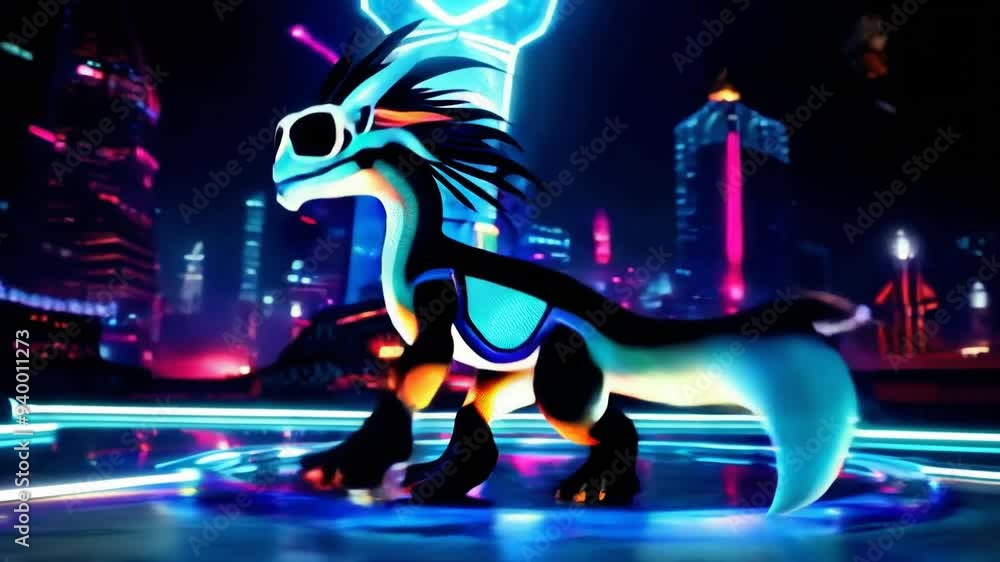 Poster a vibrant neon creature explores a futuristic cityscape filled with dazzling lights and towering str