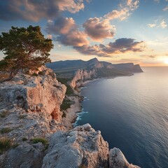 The shoreline at sunrise, capturing the beauty of daybreak.
