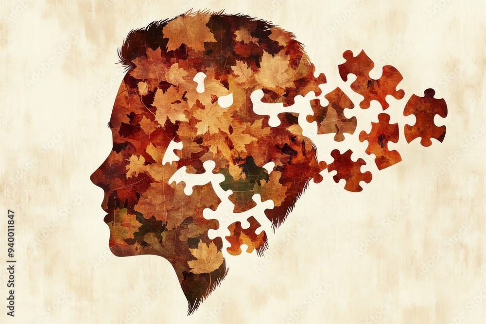 Aufkleber abstract profile of a head made of autumn leaves and puzzle pieces symbolizing memory the passage of