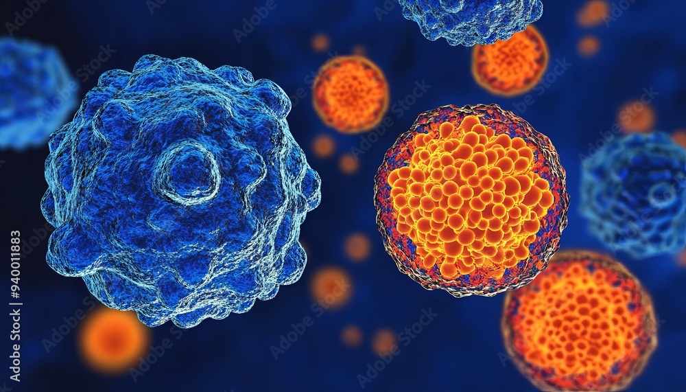 Poster 3d rendering of various viruses floating in a dark blue background.