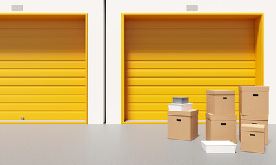 Self storage units. Closed storage garages. Cardboard boxes near entrance to storage units. Storerooms with roller shutters. Self storage units for long-term rental. Storehouse exterior. 3d image