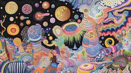 Abstract Psychedelic Space Landscape with Colorful Planets and Patterns