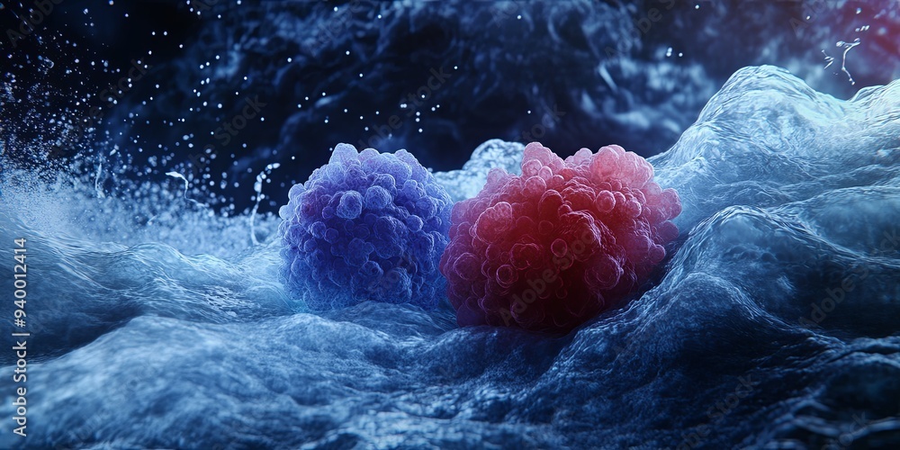 Poster a 3d rendering of two cells, one red and one blue, floating in a blue liquid.