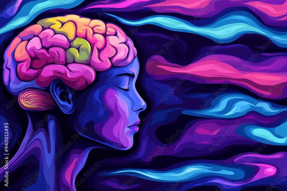 Poster vibrant abstract illustration of a head with swirling patterns and a glowing brain representing crea