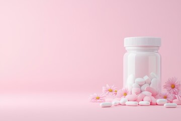 A white pill bottle surrounded by pink flowers, featuring colorful pills against a soft pink background, ideal for health concepts.