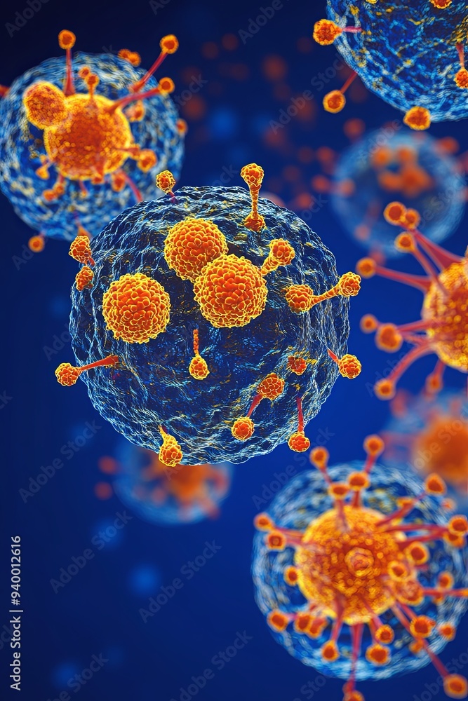 Poster a microscopic view of multiple virus particles, with spikes and a blue and orange color scheme, agai