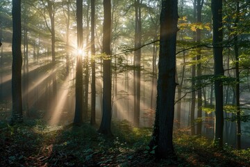 Obraz premium Sunlight filtering through treetops in a wooded area