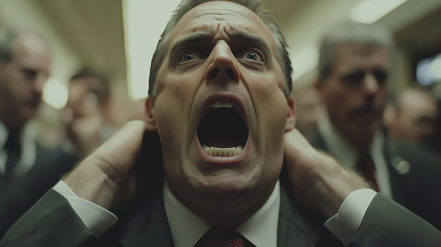 The Agony of Defeat: A man in a suit screams in agony, his face contorted in despair. The blur of surrounding figures suggests the weight of the crowd and the crushing pressure of failure. A powerful 