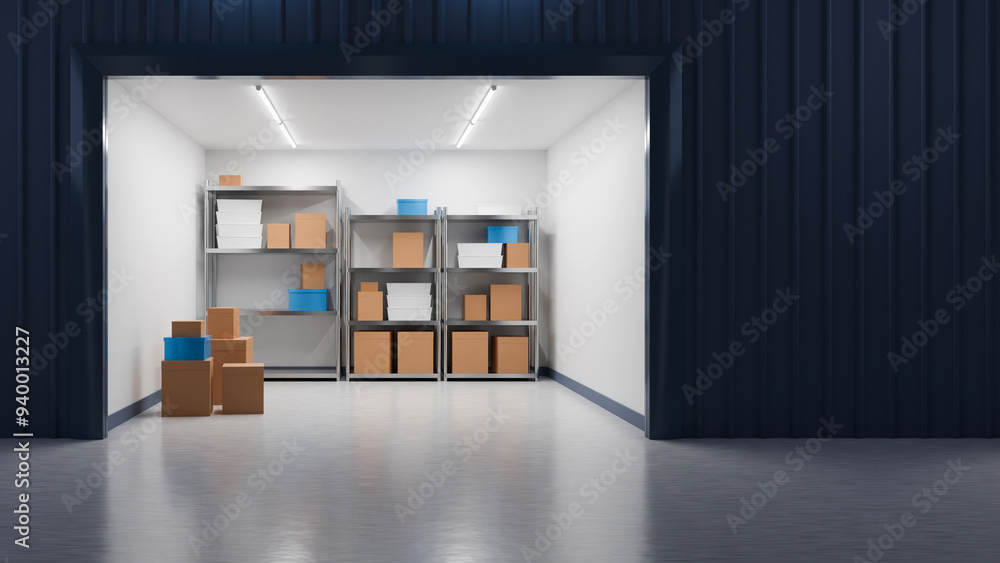 Aufkleber self storage unit. warehouse with open gates. storage unit outside view. storeroom with boxes on she