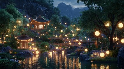 Obraz premium Enchanting Asian Garden with Lantern Lights at Night