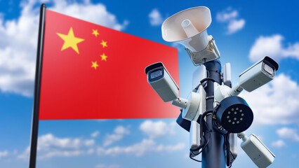 Surveillance cameras. Flag China. Video surveillance system. Cameras for tracking people. CCTV with...