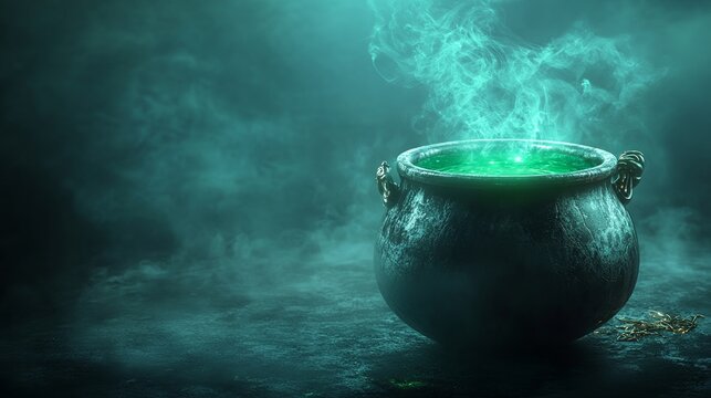Cauldron with green potion. Foggy background