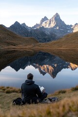 Fototapeta premium Nature escape: holiday traveler experiencing relaxation, joy while reading book in serene camping setting, immersed in tranquility of stunning natural landscape during their vacation