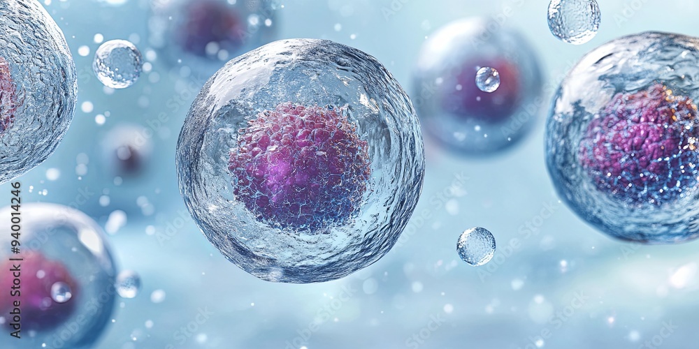 Poster close-up of multiple cells in a solution, a scientific illustration of microscopic structures.