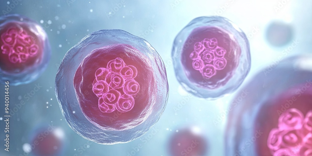 Poster a close-up view of several cells, each with a nucleus containing multiple nucleoli, against a blue b