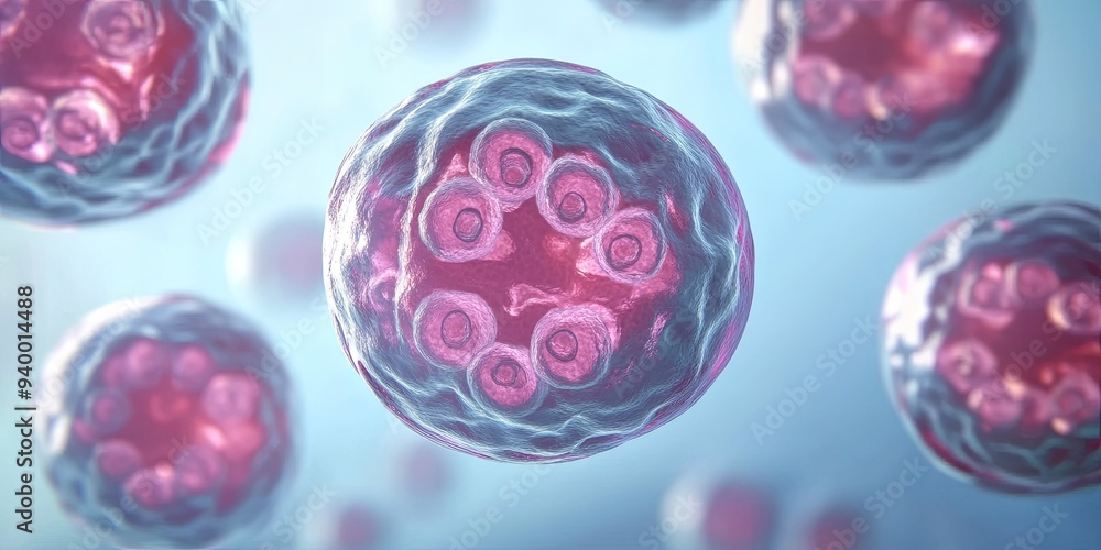 Poster a close-up image of a cluster of pink and blue cells with a blurred background. the cells are circul