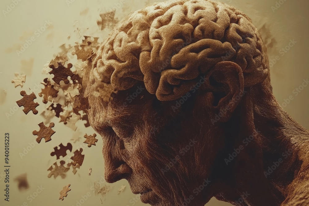 Poster abstract portrait of a man with a brain made of autumn leaves symbolizing the cycle of life memory a