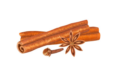 Cinnamon sticks, clove and star anise on isolated background. Ingredients and seasonings for drinks and baking. Hand drawn watercolor illustration. Clipart for design, cards, packaging, labels, menus