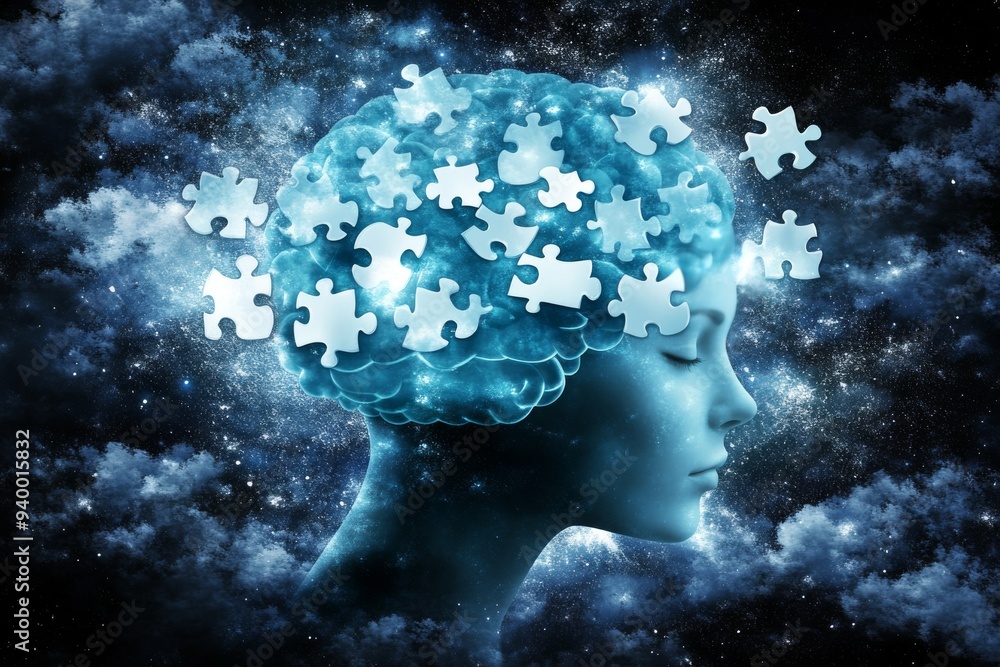Poster abstract profile of a head filled with puzzle pieces and a cosmic background symbolizing the vastnes