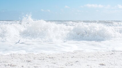 Fototapeta premium Seagull Flying Over Ocean Waves Crashing on Sandy Beach