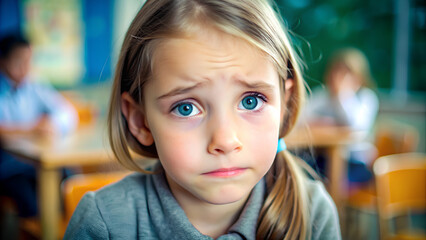 Worried young girl in a classroom with a sad expression