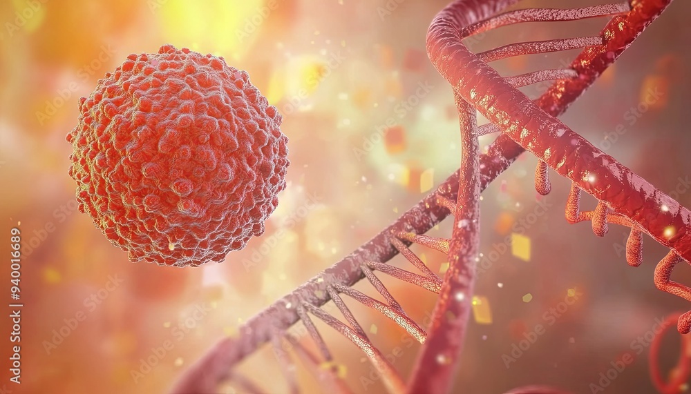 Poster 3d rendering of a red cell with a dna strand in the background.