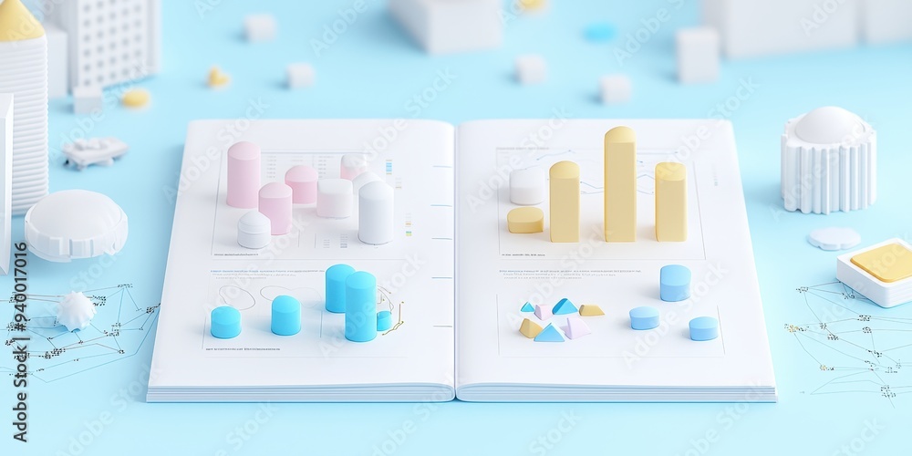 Poster d colorful charts and graphs on notebook with white geometric shapes