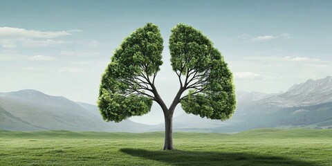 A single tree shaped like human lungs stands in a grassy field with mountains in the background.