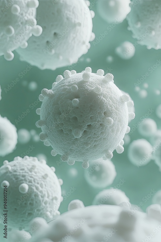 Poster a 3d rendering of microscopic virus particles, floating in a green background.
