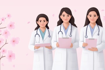 Fototapeta premium Three female doctors in white lab coats holding documents, set against a soft pink background with floral accents.