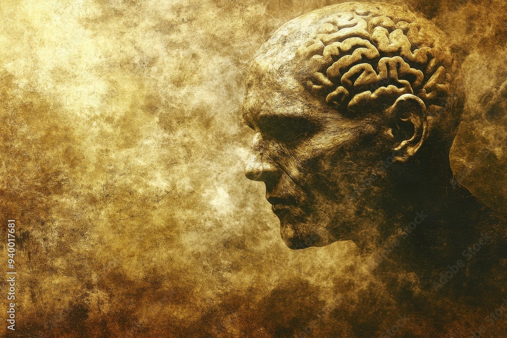 Aufkleber profile of a man with a brain made of gold symbolizing intellect value of knowledge and the priceles