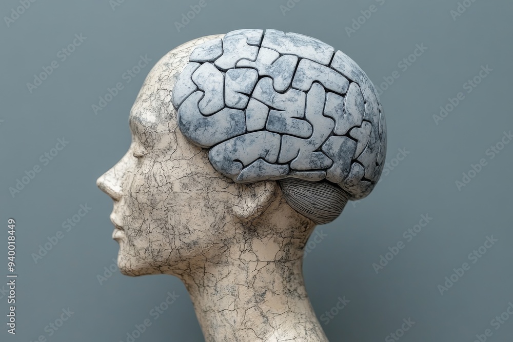 Poster abstract sculpture of a head with a brain made of puzzle pieces symbolizing the complexities of thou