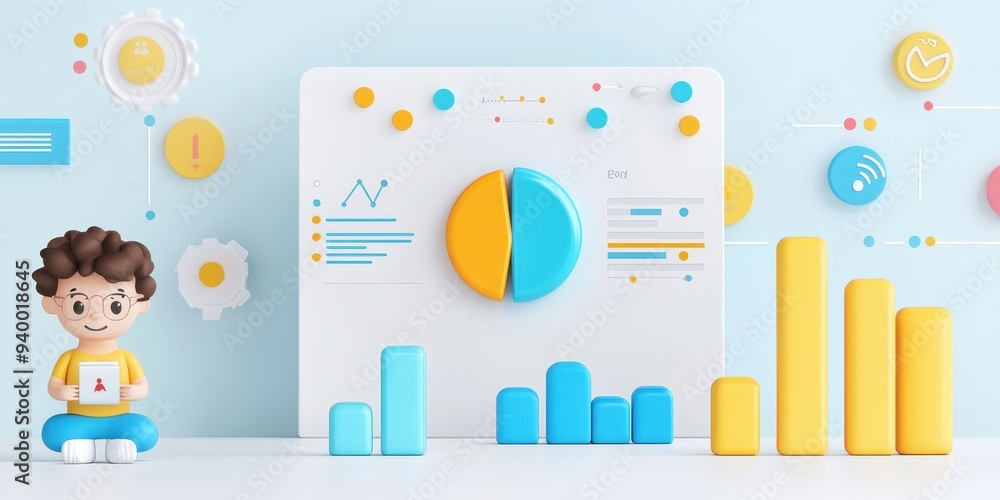 Poster d illustration of a person analyzing data charts and graphs