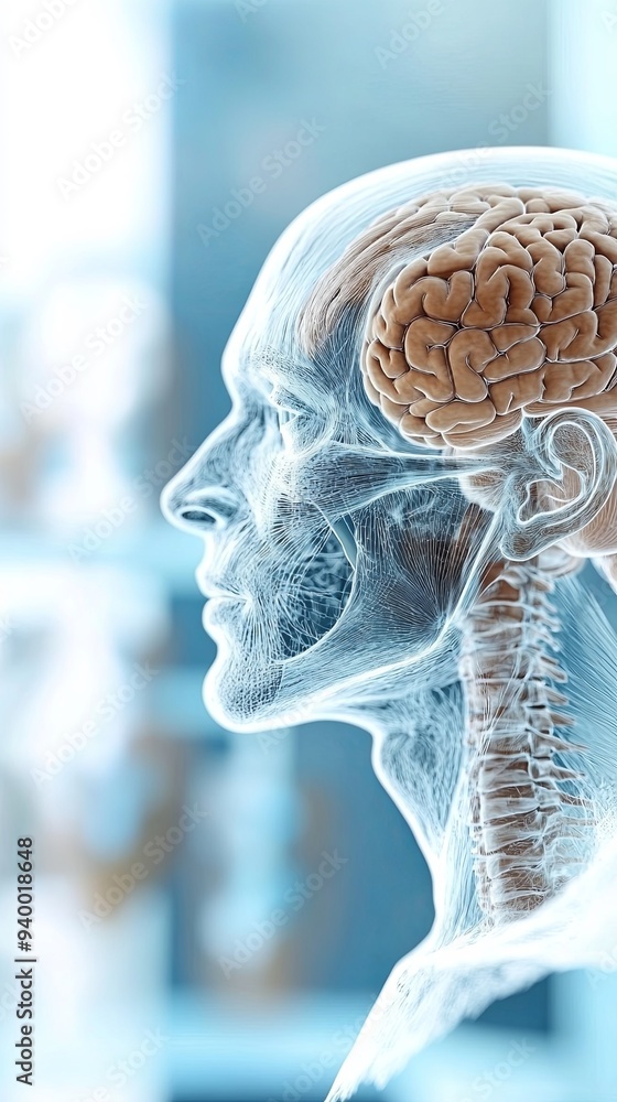 Poster side view of a transparent human head with a visible brain.