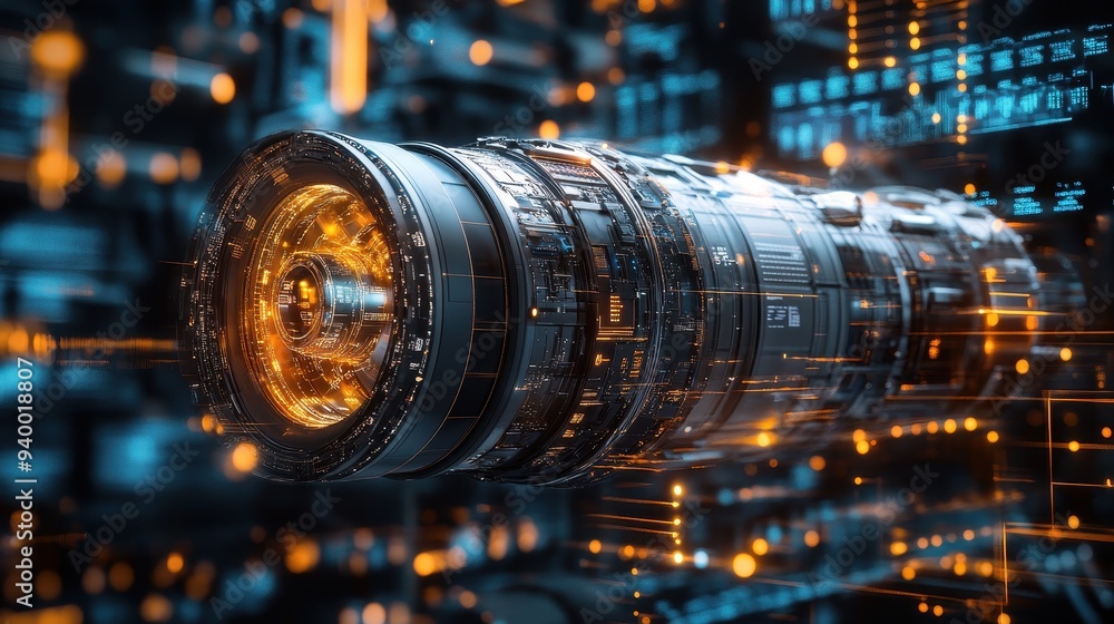 Poster futuristic technology concept lens with circuitry and data flow