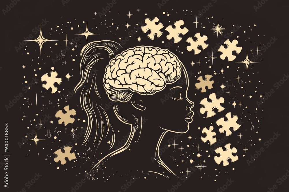 Poster Abstract illustration of a womans profile with glowing puzzle pieces symbolizing the connection between creativity problem solving and the mysteries of the mind