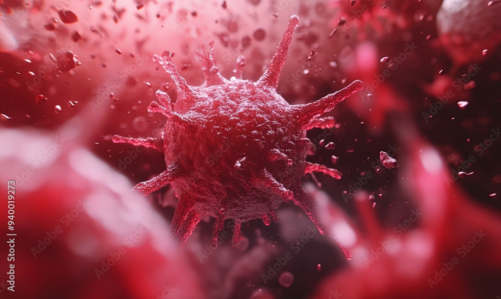 Poster a microscopic image of a virus with red spikes, surrounded by other viruses and particles.