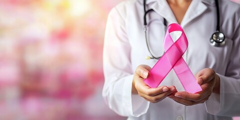 Doctor holding pink ribbon symbol of breast cancer awareness.