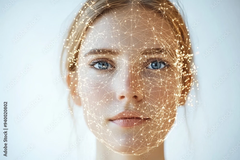 Poster minimalistic portrait of a woman with a face made of interconnected dots symbolizing the connection 