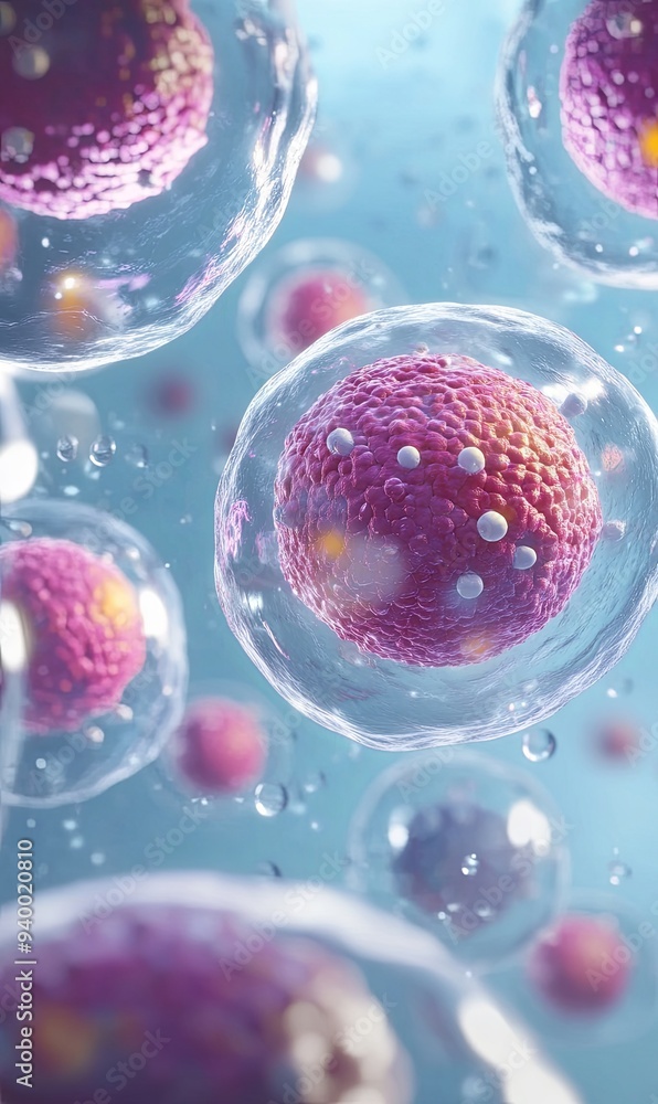 Poster a close-up view of multiple pink cells with a blue background. the cells have a transparent outer me