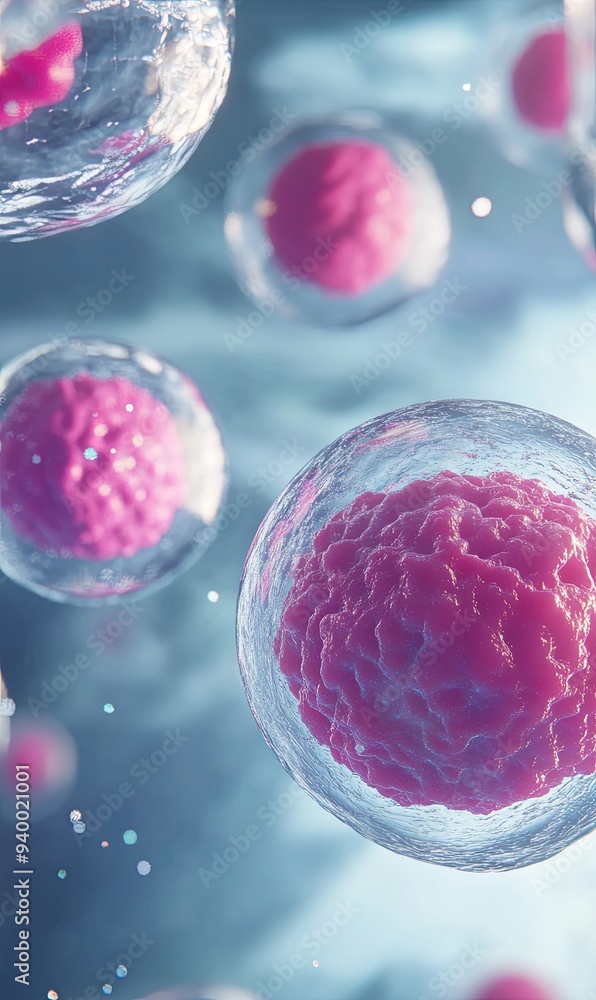 Aufkleber a microscopic view of several pink cells floating in a transparent liquid.