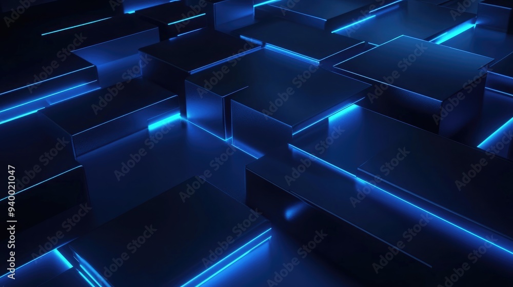 Poster Abstract dark blue futuristic background featuring ordered luminous rectangles and stripes in a 3D cartoon rendering