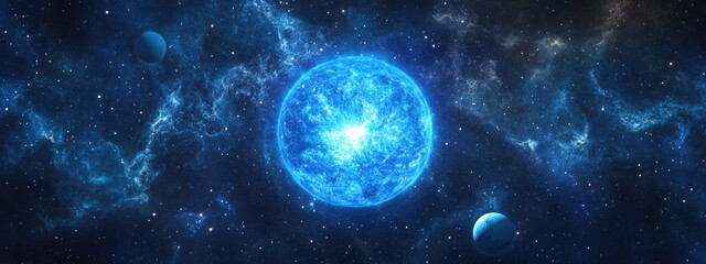 Obraz premium 3D illustration of a giant blue star in deep space featuring planets and a star field in a cartoon style