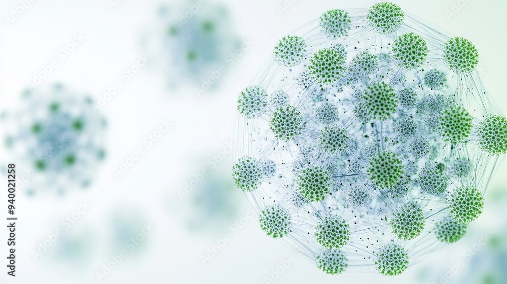 Poster a 3d rendering of a virus with a blurred background of other viruses.