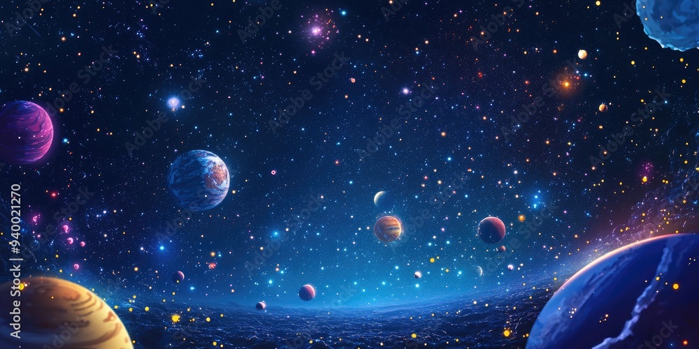Aufkleber 2d illustration featuring a 3d cartoon rendering of deep vast space with bright stars planets and mo