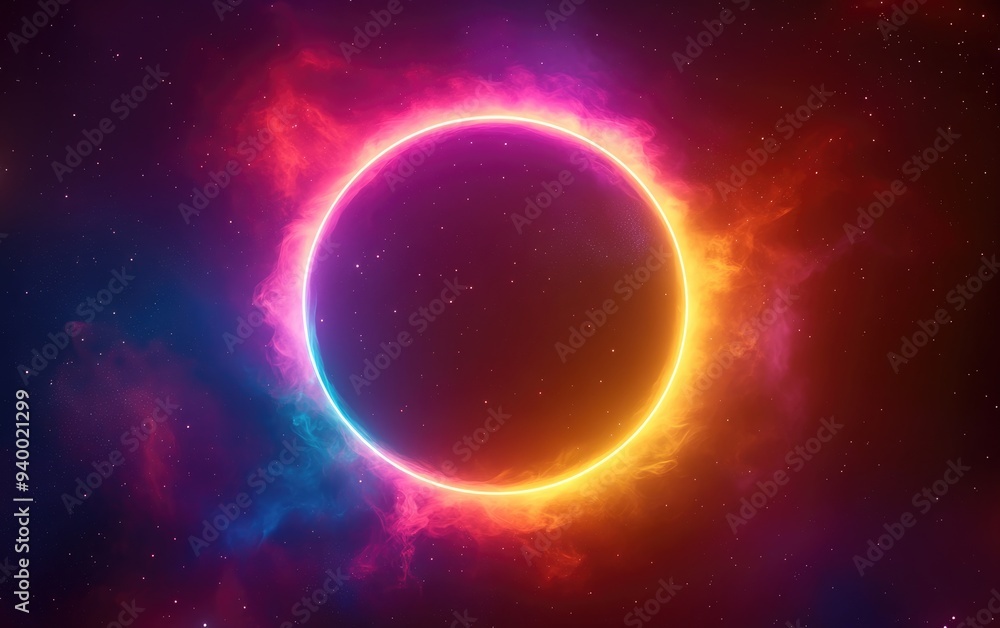 Poster Abstract nebula ring in a vibrant mix of warm colors rendered in 3D cartoon style perfect for enhancing your creative space project This artwork can be utilized as a striking banner or web design
