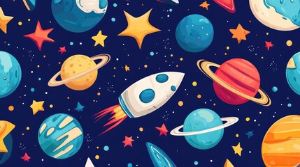 Hand drawn seamless pattern featuring planets and spaceships in a 3D cartoon style for a children s background