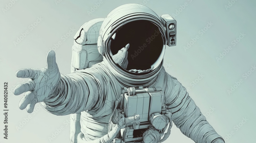 Poster flat line art design illustration of a 3d cartoon rendering of an astronaut