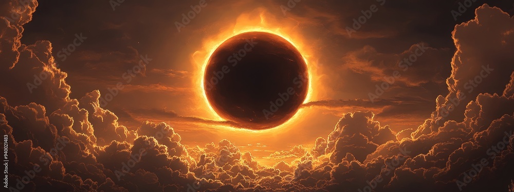 Wall mural rendering of a solar eclipse in 3d cartoon style featuring clouds and silhouettes in the foreground